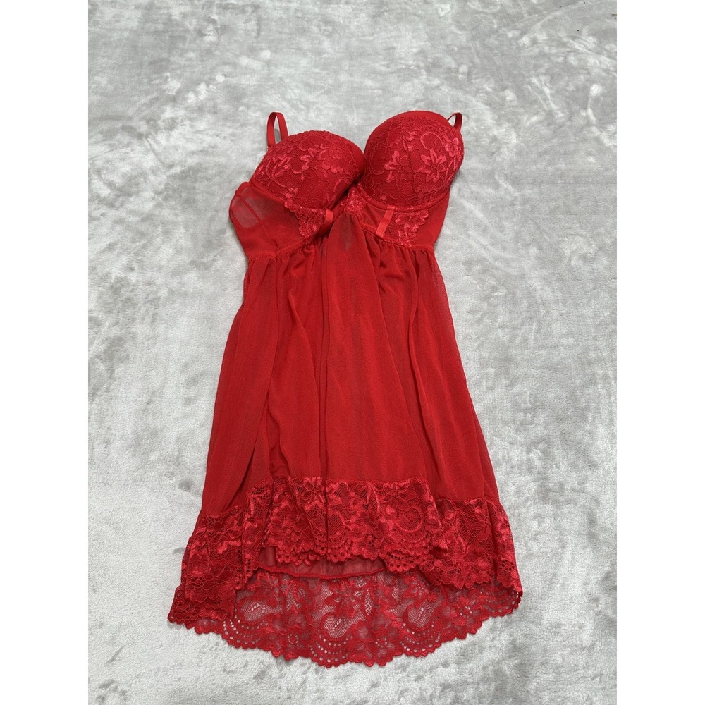 Daisy Fuentes Babydoll Nightie‎ Women's Sz Medium Red Lace Shear Spaghetti Strap